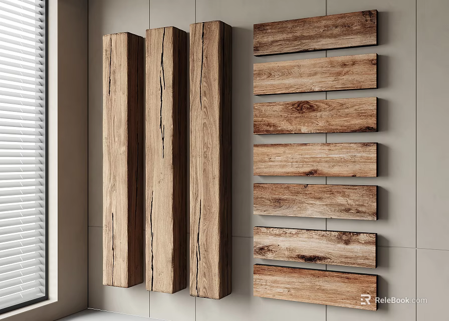 Stone Wood Wall Decor With Vertical Horizontal Wooden Panels On Light Wall And Window Blinds 3d model 