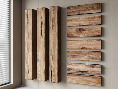 Stone Wood Wall Decor With Vertical Horizontal Wooden Panels On Light Wall And Window Blinds 3d model