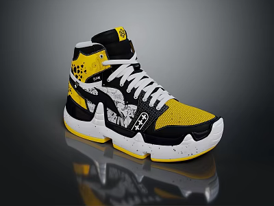 Stylish High Top Athletic Sneakers With Black Yellow White Mesh And Pattern Design 3d model