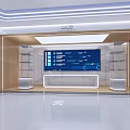 Futuristic White Exhibition Hall Featuring Model Base Sign Large Screen Earth Spaceship And Illuminated Lines