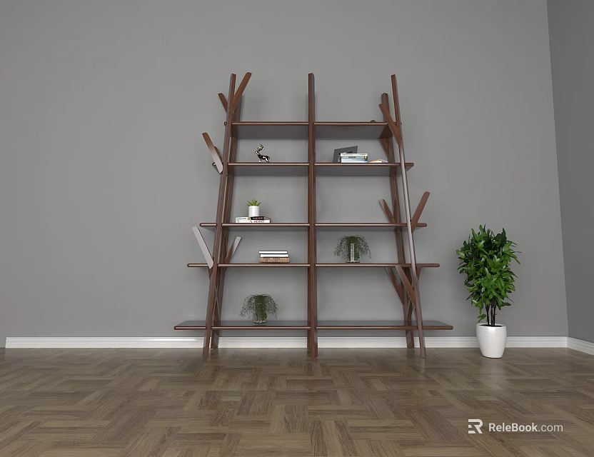 Wooden Multi Layer Shelving Unit With Books Potted Plants And Decorative Items 3d model 