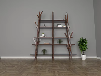 Wooden Multi Layer Shelving Unit With Books Potted Plants And Decorative Items 3d model