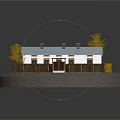 White Residential House With Blue Roof Chimneys And Autumn Yellow Trees Wooden Fence Stone Path