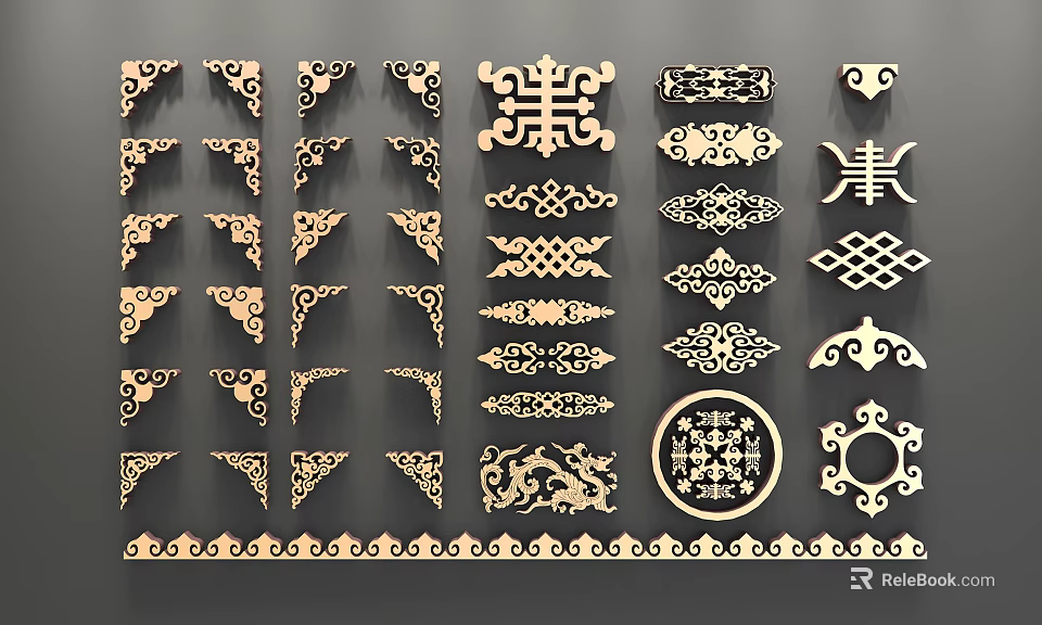 Various Traditional Wooden Carved Decorative Patterns with Ornamental and Geometric Designs 3d model 