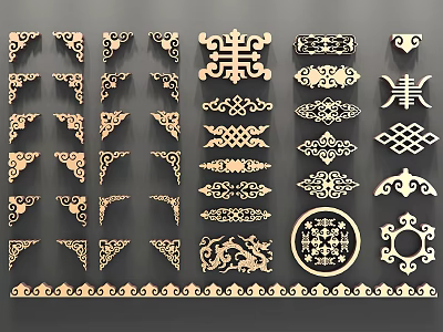Various Traditional Wooden Carved Decorative Patterns with Ornamental and Geometric Designs 3d model