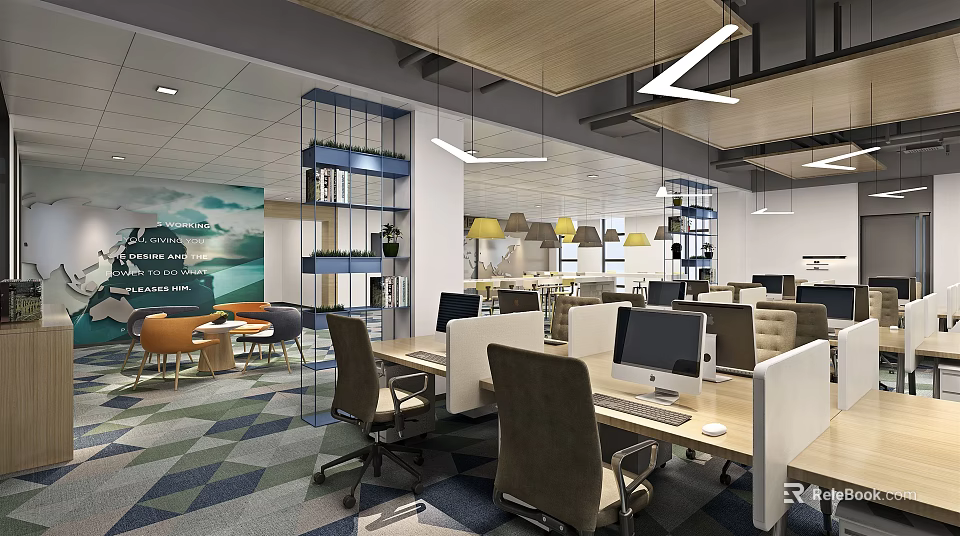 Modern Public Office Space Design With Workstations Desks Computers And Lounge Area 3d model