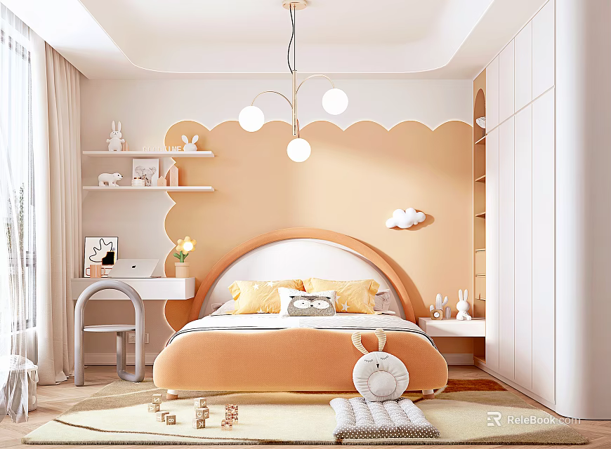 Kids Room Interior Design With Orange Cloud Headboard Bed Wall Shelves And Study Desk 3d model 