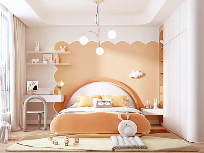 Kids Room Interior Design With Orange Cloud Headboard Bed Wall Shelves And Study Desk 3d model