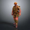 Bearded Military Soldier In Yellow Helmet And Khaki Uniform With Backpack Puttees And Boots