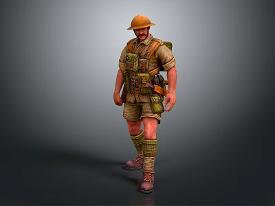 Bearded Military Soldier In Yellow Helmet And Khaki Uniform With Backpack Puttees And Boots 3d model