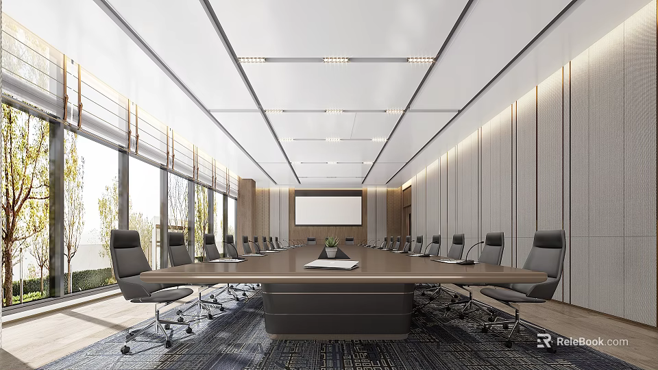 Modern Conference Room Interior Design Featuring Long Table Black Office Chairs Large Screen And Windows 3d model 