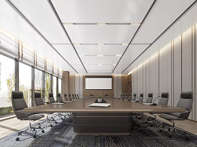 Modern Conference Room Interior Design Featuring Long Table Black Office Chairs Large Screen And Windows 3d model