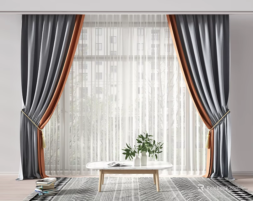 Gray Curtains With Orange Trim And White Sheer Curtains For Living Room Window 3d model 