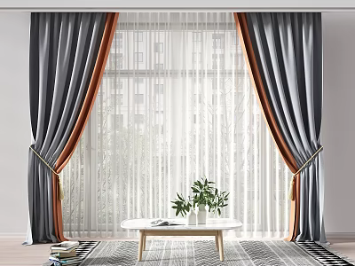 Gray Curtains With Orange Trim And White Sheer Curtains For Living Room Window 3d model