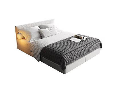 Modern Minimalist Single Bed With Upholstered Headboard White Pillows And Gray Quilt 3d model