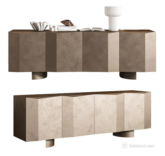 Modern Console Table And Side Cabinet With Geometric Stone Panels And Metal Legs 3d model 