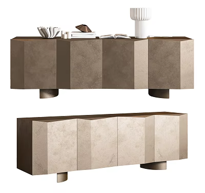 Modern Console Table And Side Cabinet With Geometric Stone Panels And Metal Legs 3d model