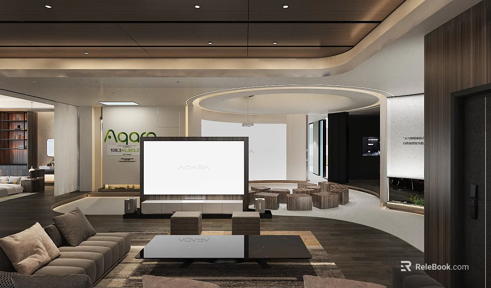 Aqara Modern Specialty Store Interior With Curved Design Sofa Projection Screen And Display Area 3d model 