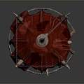 Modern Red Canopy Structure Featuring Spikes Chains And Circular Wooden Frame