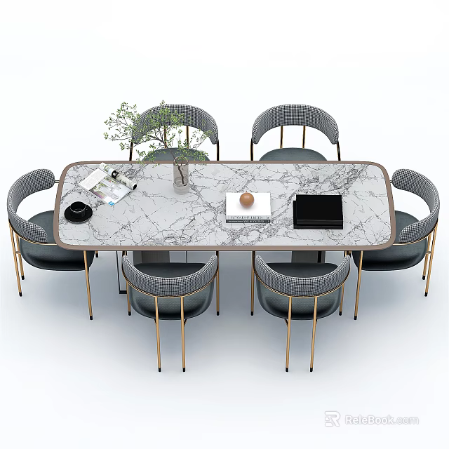 Modern Dining Table Set With Marble Top Gray Chairs And Gold Legs 3d model