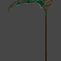 Green Metallic Scythe Weapon With Decorative Carvings And Long Handle
