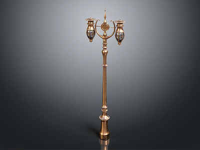 Golden Floor Standing Metal Candelabra With Two Arms And Ornate Decorative Design 3d model