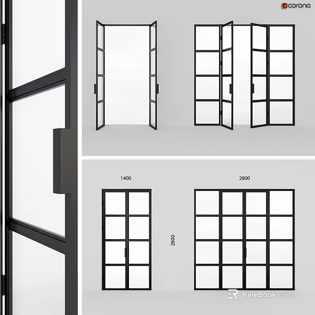 Modern Casement Door Designs With Black Frame And Glass Panels In Various Sizes 3d model 