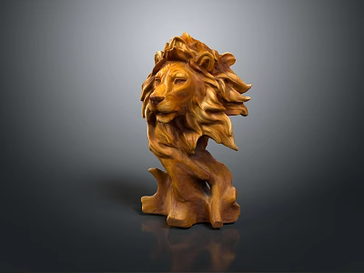 Hand Carved Wooden Lion Sculpture With Detailed Mane And Stable Base 3d model