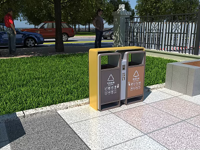 Outdoor Garden Decor With Yellow And Brown Double Trash Bins On Lawn And Pavement 3d model