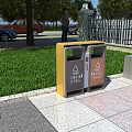 Outdoor Garden Decor With Yellow And Brown Double Trash Bins On Lawn And Pavement