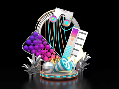 Eye-catching Photo Check-in Spot With Purple Pink Spheres Headphone Ring Illuminated Keyboard And Silver Base 3d model