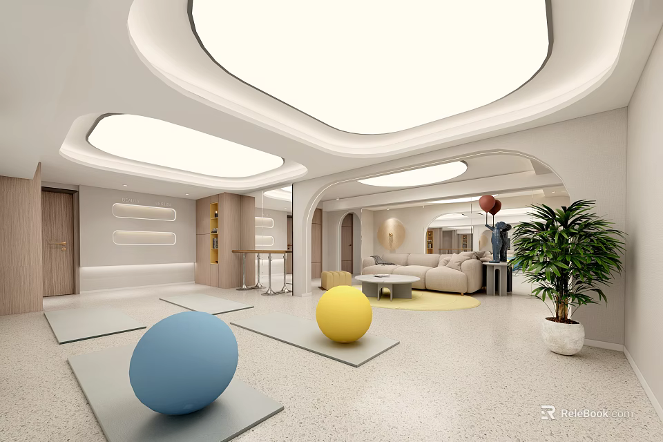 Spacious Indoor Fitness Area With Yoga Mats And Colored Exercise Balls 3d model 