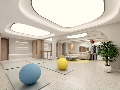 Spacious Indoor Fitness Area With Yoga Mats And Colored Exercise Balls 3d model