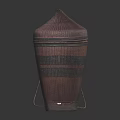 Traditional Wicker Storage Container with Conical Lid Carry Handle and Striped Design