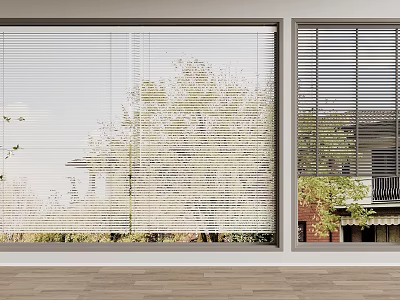 Modern Window Blinds In Interior With Wooden Floor And Outdoor Tree And Building View 3d model