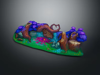 Enchanted Natural Landscape With Purple Trees Heart Shaped Hollow Pink Flowers Green Grass And Stream 3d model
