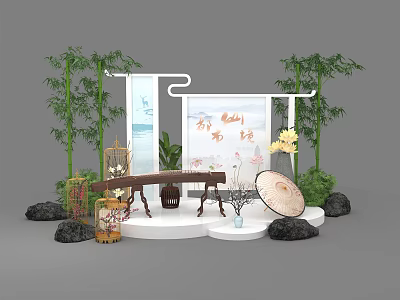 Traditional Chinese Market Scene With Bamboo Plants Guzheng Fan Lanterns And Scroll Background 3d model