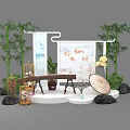 Traditional Chinese Market Scene With Bamboo Plants Guzheng Fan Lanterns And Scroll Background 3d model