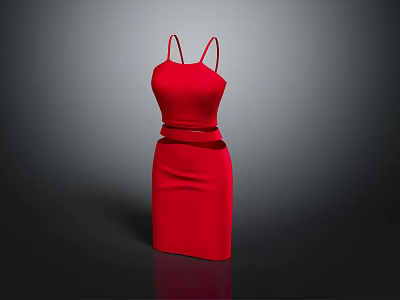 Elegant Spaghetti Straps Red Dress with Waist Belt and Slim Fit Design 3d model
