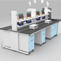Laboratory Functional Table With Blue Cabinets Black Countertop Faucet And Ventilation Hoods