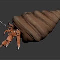 Orange Hermit Crab With Long Claws Carrying Spiral Shell on Dark Surface 3d model