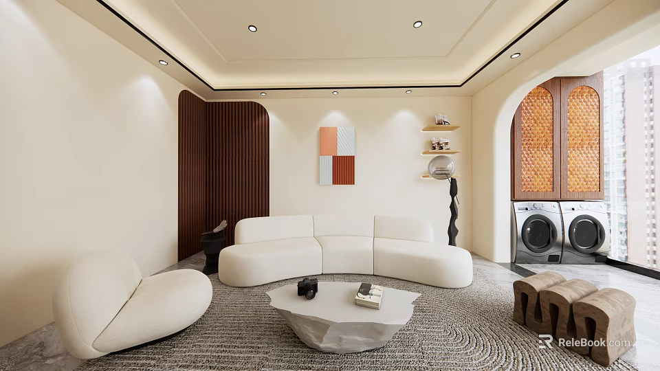 Modern Living Room Interior With Curved Sofa Round Coffee Table And Decorative Wall Art 3d model 