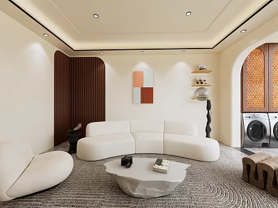 Modern Living Room Interior With Curved Sofa Round Coffee Table And Decorative Wall Art 3d model