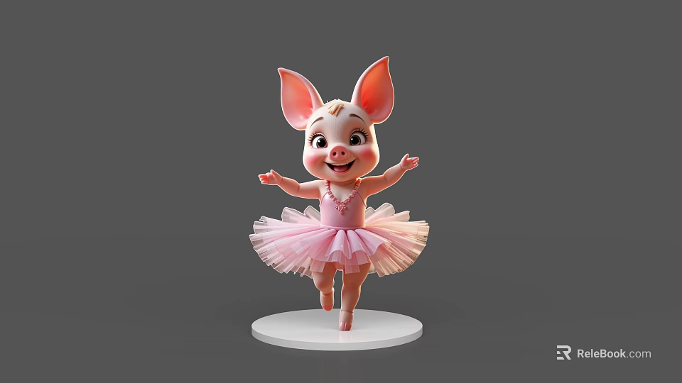 Cute Pink Pig Game Movie Character With Big Ears In Ballerina Tutu Dancing Pose 3d model 