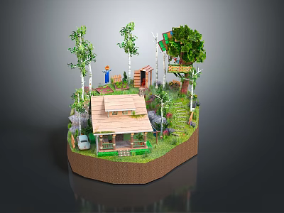 Cartoon Landscape Miniature with Wooden House Green Trees Little Figure Tree House and Wooden Stairs 3d model