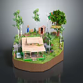Cartoon Landscape Miniature with Wooden House Green Trees Little Figure Tree House and Wooden Stairs