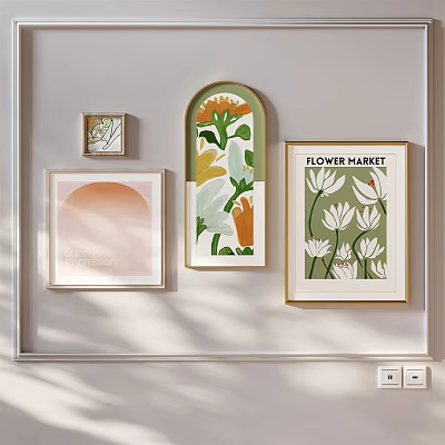 Framed Wall Artworks On White Wall With Flower Market Prints And Abstract Designs 3d model