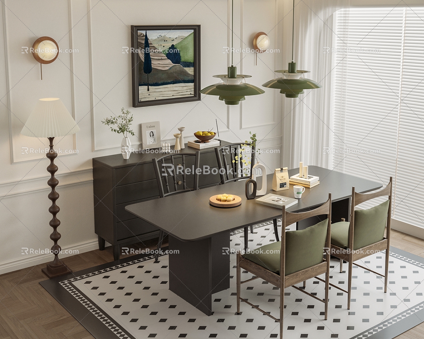 French literature and art antique restaurant dining table and chair combination 3d model