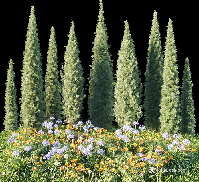 Lush Flower Garden With Tall Cypress Trees And Purple Yellow Blooms 3d model 