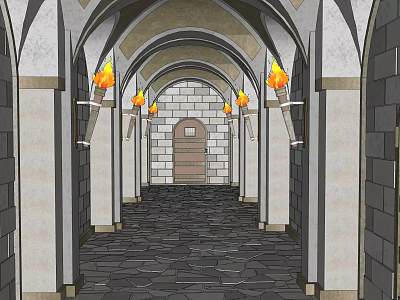 Medieval Castle Reception Desk Area With Stone Brick Floor Arched Doorways And Torches 3d model
